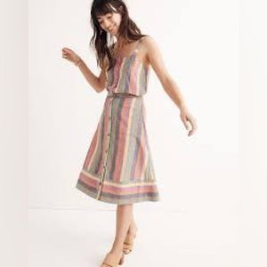MADEWELL RAINBOW STRIPED BUTTON FRONT TANK TOP, WITH MATCHING MIDI SKIRT.